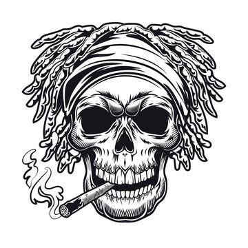 Rastaman symbol design. Monochrome element with skull with dreads and joint vector illustration with text on ribbon. Smoking marijuana concept for emblems and tattoo templates