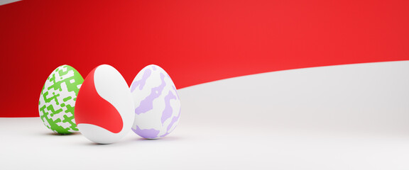3D Easter eggs abstract red background, easter ilustration composition layout.