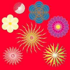 A set of 7 colorful, beautiful, colorful, bright colors of different shapes with a white stroke. illustration. Izalirovanno on a red background.