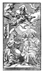 Baby Jesus Christ with Anna the Prophetess and Virgin Mary, Lord or god with angels or cherubs on the heaven above.Antique vintage christian religious engraving or drawing illustration.