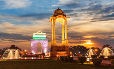 The India Gate and the Canopy in New Delhi, sunset view
