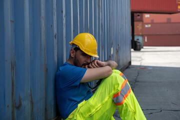 Caucasian shipping worker look tried , sad and depressed.