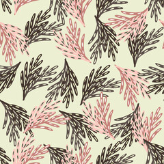 Fototapeta premium Abstract spring foliage seamless pattern with brown and pink colored leaf twigs. Light pastel background.