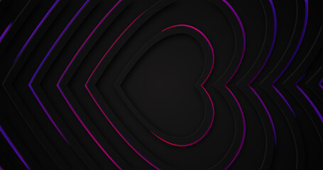 Abstract dynamic neon pink blue background. 3D love hearts. Black neumorphism style. Red purple futuristic hi-tech motion backdrop. Dark banner: Happy Valentine's Day. Valentine gift card. Sale frame