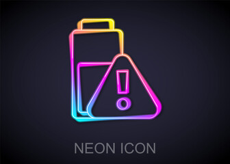 Glowing neon line Smartphone battery charge icon isolated on black background. Phone with a low battery charge. Vector.