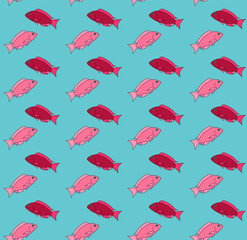 The pattern of red and pink beautiful, drawn, cartoon fish floating in different directions on a blue background. illustration. Seamless texture.