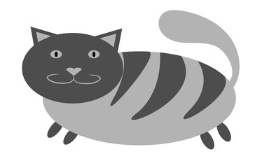 Gray thick, tabby cat with short paws and a large snout with ears protruding upwards on a white background. illustration.