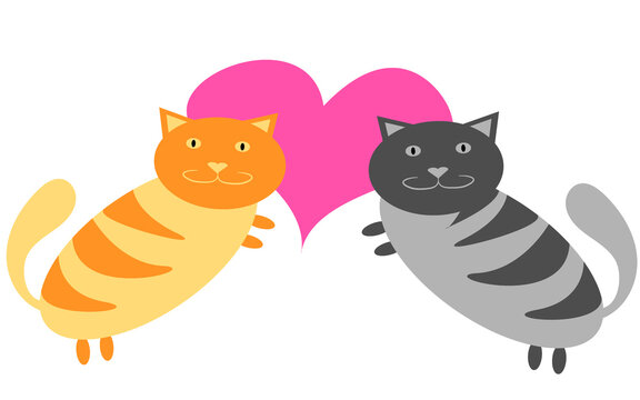 Gray and yellow cats are hugging next to a pink heart on Valentine's Day on a white background.  illustration.