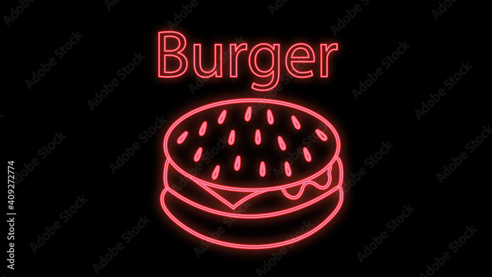 Wall mural bright, neon, appetizing burger, illustration. pink neon food on a black background. icon for cafe, 