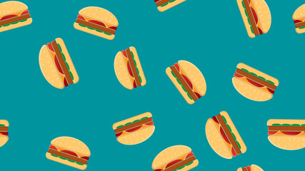 pattern of burgers on a blue background, illustration. delicious fast food. decoration of kitchen decor. colored burgers with juicy filling of meat, herbs and cheese for fast food