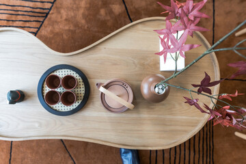 chinese tea set on wooden,top view