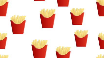 pattern, French fries in a red cup made of cardboard,  illustration. on white background. mouthwatering fried potatoes, fast food for a quick lunch. restaurant wallpaper