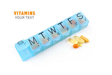 Daily portion of vitamins, drug medicines, tablets, dietary supplements in pill organizer or plactic pill box. A weekly container of tablets, vitamins. Nutritional supplements