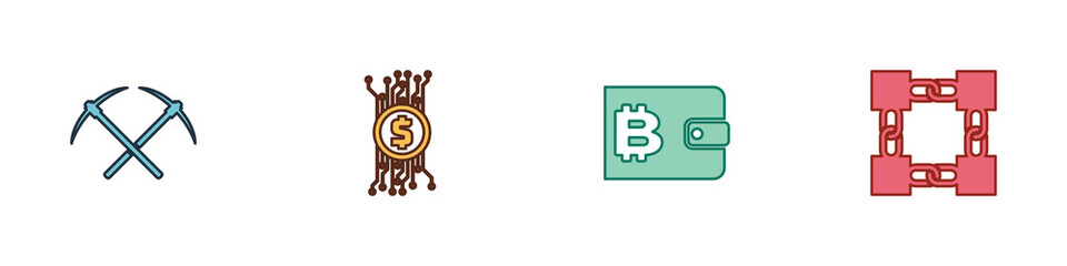 Set Crossed pickaxe, Cryptocurrency bitcoin in circuit, wallet and Blockchain technology icon. Vector.