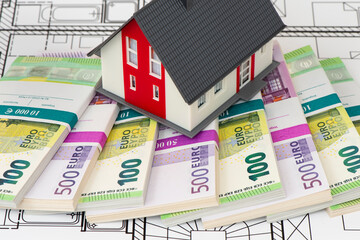 model home with lot of Euro banknotes bundles