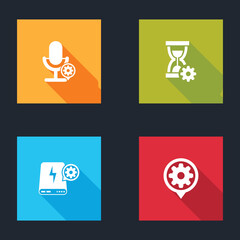 Set Microphone setting, Hourglass, Power bank and Setting icon. Vector.