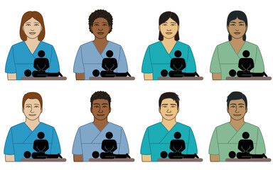 diversity, race, ethnicity of physiotherapist vector icons, male and female, with patient, isolated on a white background 