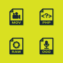 Set MOV file document, OGG, RAW and PHP icon. Vector.