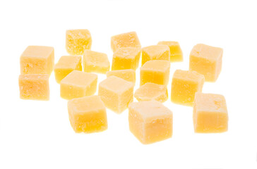 Aged cheese cubes isolated