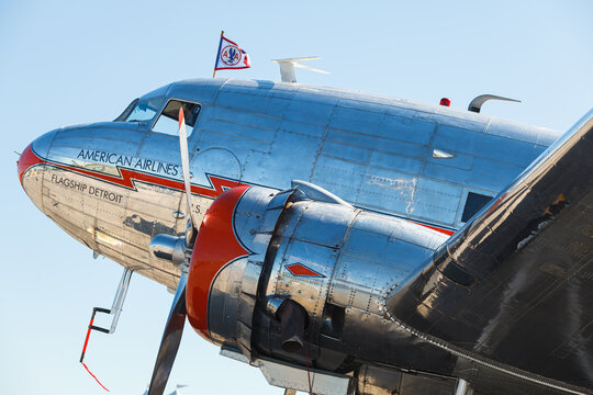 Close up view of a vintage American Airlines propeller passenger and cargo airplane