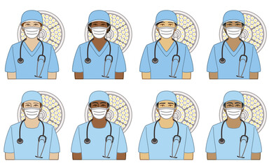 diversity, race, ethnicity of surgeon, doctor vector icons, male and female, wearing scrubs and mask with operating light, isolated on a white background 