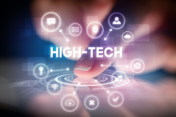 Finger touching tablet with web technology icons and HIGH-TECH inscription, web technology concept