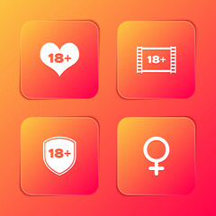 Set 18 plus content heart, Play Video with, Shield and Female gender symbol icon. Vector.