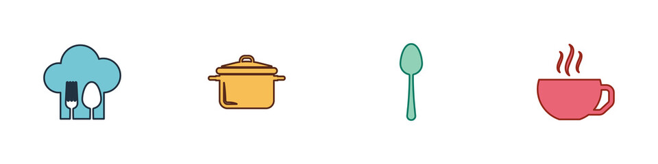Set Chef hat with fork and spoon, Cooking pot, Spoon and Coffee cup icon. Vector.