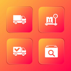 Set Delivery cargo truck vehicle, Scale with cardboard box, check mark and Search package icon. Vector.