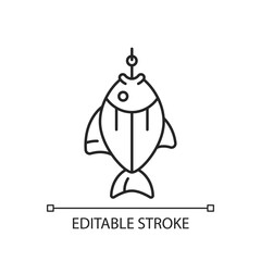 Fish on hook linear icon. Fishing tournament. Anglers trophy. Sea food restoration. Active rest. Thin line customizable illustration. Contour symbol. Vector isolated outline drawing. Editable stroke