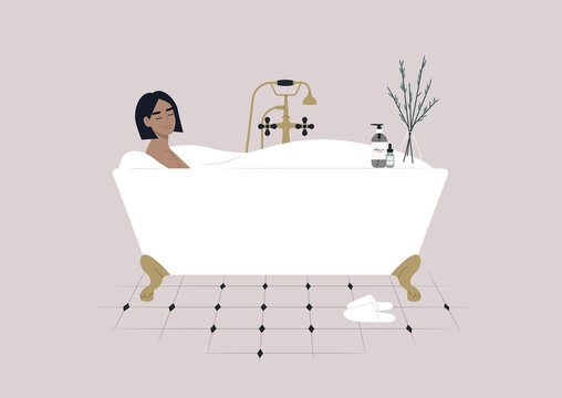 A young female character taking a relaxing bath with soap foam, a claw foot vintage tub