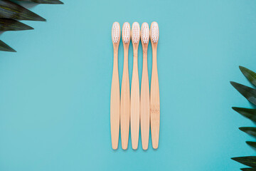 Flat lay Natural organic bamboo toothbrushes and tropical leaves on a blue background. Waste-free, plastic-free, environmentally friendly equipment for personal oral hygiene. copy space. top view