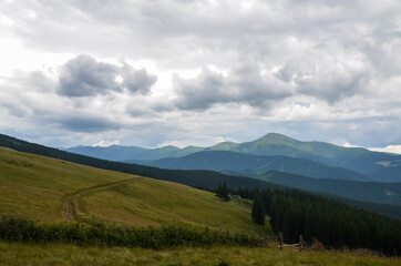The green slope pasture with Chornohora mountain range in the background under clouds. Beautiful natural landscape in the summer time