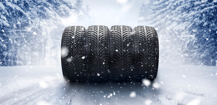 Winter tires on snow road.