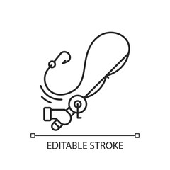 Casting the rod linear icon. Carbon matherial. Fishing tournament. Throwing spinning machinery. Thin line customizable illustration. Contour symbol. Vector isolated outline drawing. Editable stroke