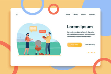 Cheerful couple cooking barbeque on nature and talking. BBQ, meal, picnic flat vector illustration. Summer activity and communication concept for banner, website design or landing web page