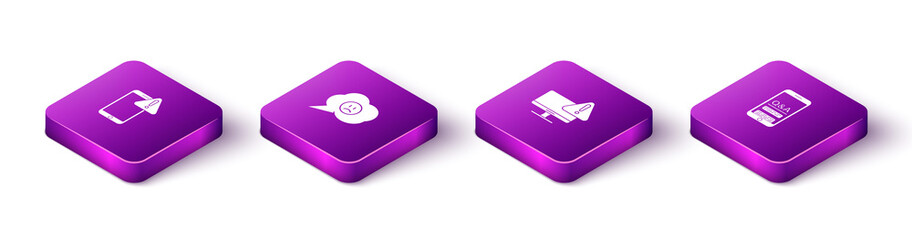 Set Isometric Mobile with exclamation mark, Speech bubble sad smile, Monitor and Question and Exclamation icon. Vector.