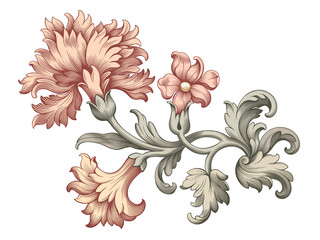 Rose peony carnation flower vintage pink Baroque Victorian floral ornament frame border golden leaf scroll red pattern tattoo vector - obrazy, fototapety, plakaty