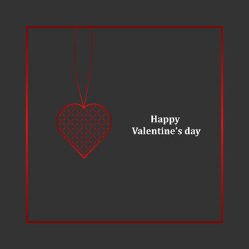 Minimalistic Valentine’s day banner. Festive template. Beautiful heart from red gradient grid hanging by thread on matte black background with frame and lettering. For postcard, invitation, flyer