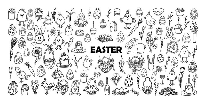 A Huge hand-drawn set on the theme of Easter. Vector doodle collection consists of: Easter eggs, Easter cake, Easter bunnies, willow, flowers, candy,chickens