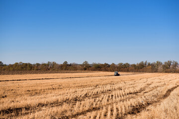 Fototapeta na wymiar Farmer preparing his field in a tractor ready for spring.