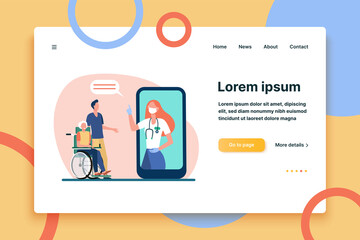 Doctor in mask consulting patients via smartphone. Pandemic, isolation, phone flat vector illustration. Medicine and digital technology concept for banner, website design or landing web page