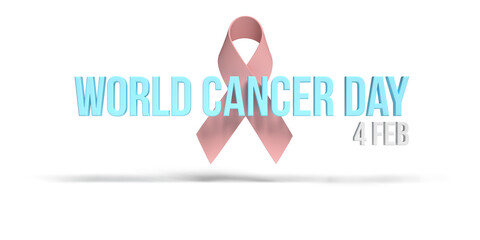 World Cancer Day - 4th February concept: 3D rendering pink ribbon and in blue letters the banner WORLD CANCER DAY 4 FEB on white background. Illustration with dropped shadow