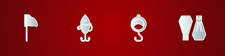 Set Fishing net with fish, lure, Spring scale and Rubber flippers for swimming icon. Vector. © vector_v