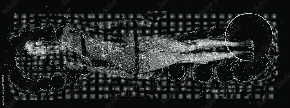 Poster Human head made of the array of particles, pixelated and glitched portret of supreme artificial intelligence. Generative computer art.