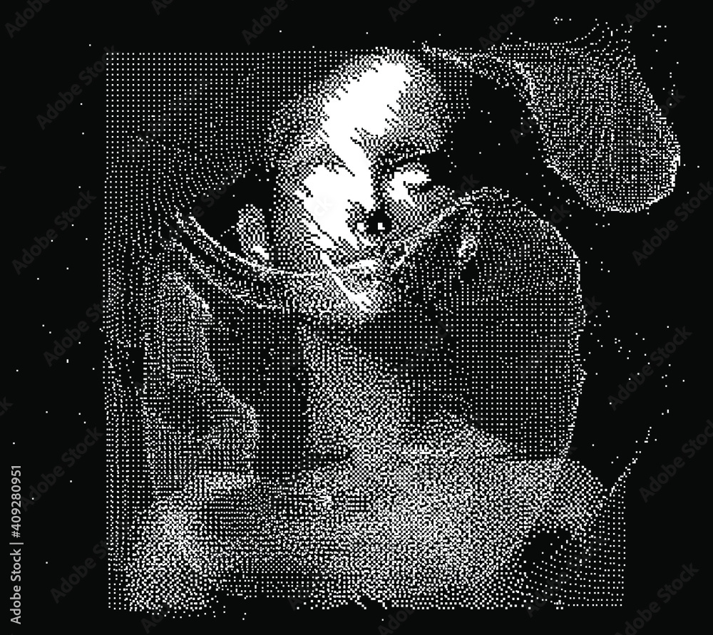 Poster Human head made of the array of particles, pixelated and glitched portret of supreme artificial intelligence. Generative computer art.