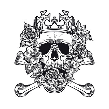 Monochrome king skull with roses in mouth vector illustration. Royal skull wearing crown and surrounded by flowers. Tattoo design and monarchy concept can be used for retro template, banner or poster