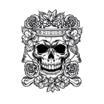 Vintage king or queen skull in roses vector illustration. Monochrome regal skull in flowers wearing crown. Tattoo design and monarchy concept can be used for retro template, banner or poster