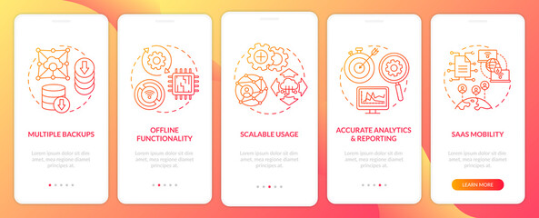SaaS pros onboarding mobile app page screen with concepts. Multiple backups, scalable usage walkthrough 5 steps graphic instructions. UI vector template with RGB color illustrations