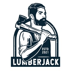 Silhouette of carpenter or axeman. Woodworker and logger with axe in his hands. Monochrome logo of beardeded lumberjack